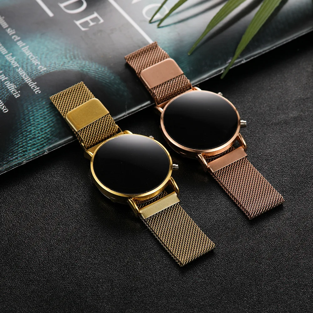 Luxury Rose Gold Digital Red LED Dial Watches For Women Stainless Steel Belt Quartz Watch Ladies Magnet Clock Drop Ship