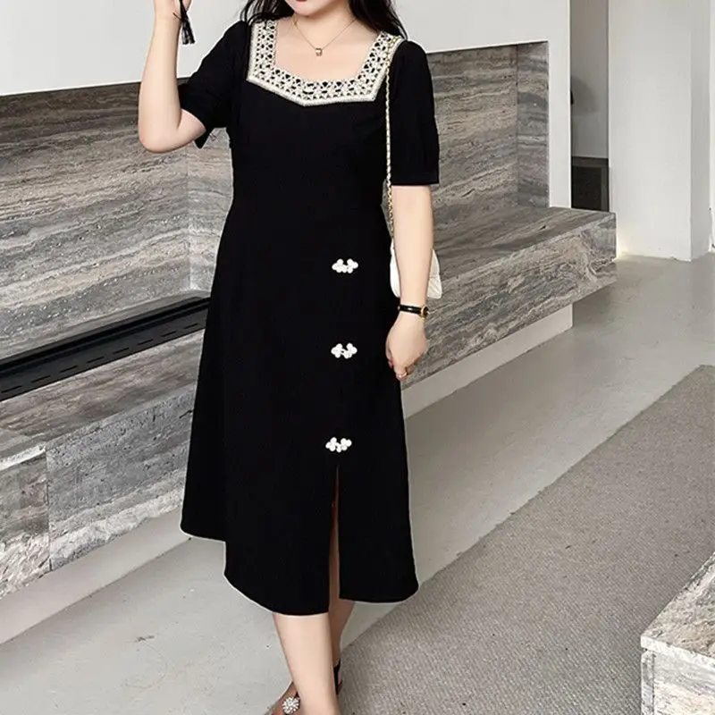 

Vintage Lace Spliced Dresses Summer Elegant Square Collar Women's Clothing A-Line Fashion Chinese Disc Buckle Waist Midi Dress