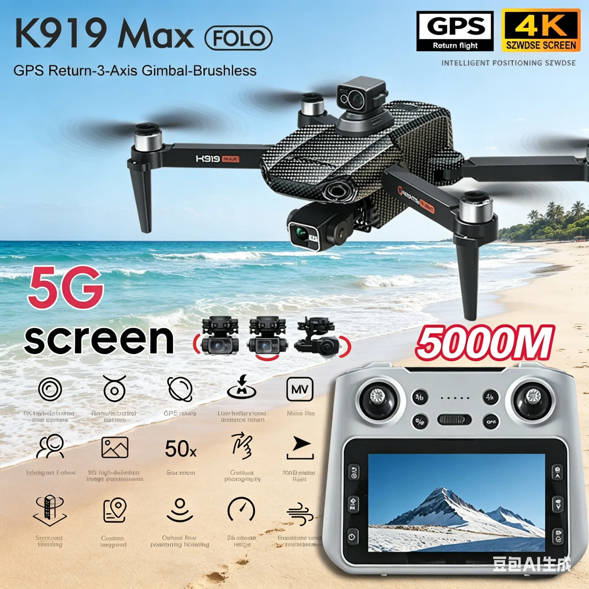 Drone GPS K919 MAX avec caméra HD et évitement obstacles laser