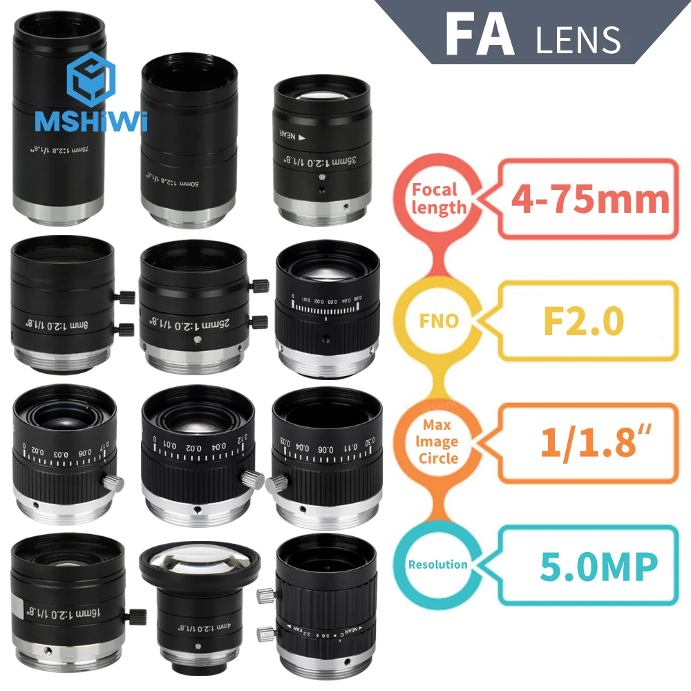 

5MP Manual Iris Lens F2.0 Fixed Focal Lens 4mm 6mm 8mm 12mm 16mm 25mm 35mm 50mm 75mm Focal Length C Mount Machine Vision Lens