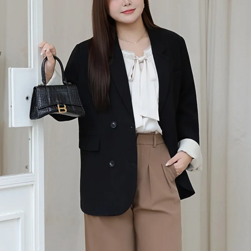 Plus Size Women's Blazer Premium Casual Black Texture Block Color Cuffs OL Micro Loose Double Breasted Tailored Suit Jacket