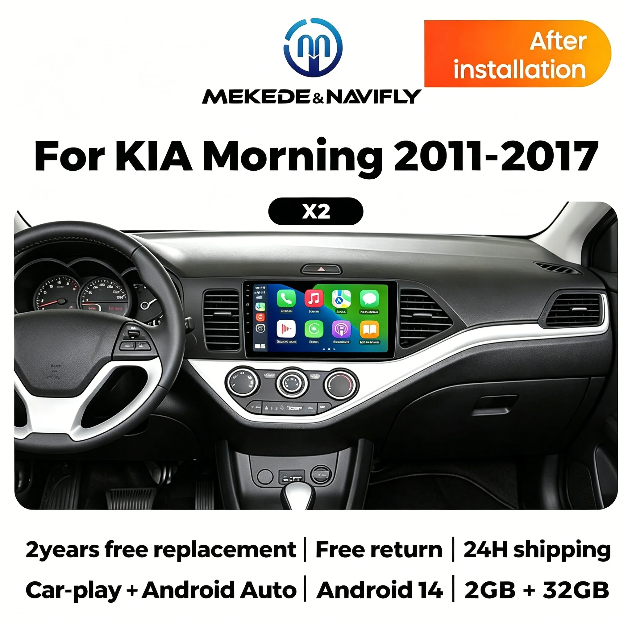 Estéreo Inalámbrico para Auto con Carplay Android 14 para KIA PICANTO Morning 2 2011 2012 2013 2014 2015 2016, Radio para Auto con Pantalla GPS de 9 Pulgadas y Carplay 1