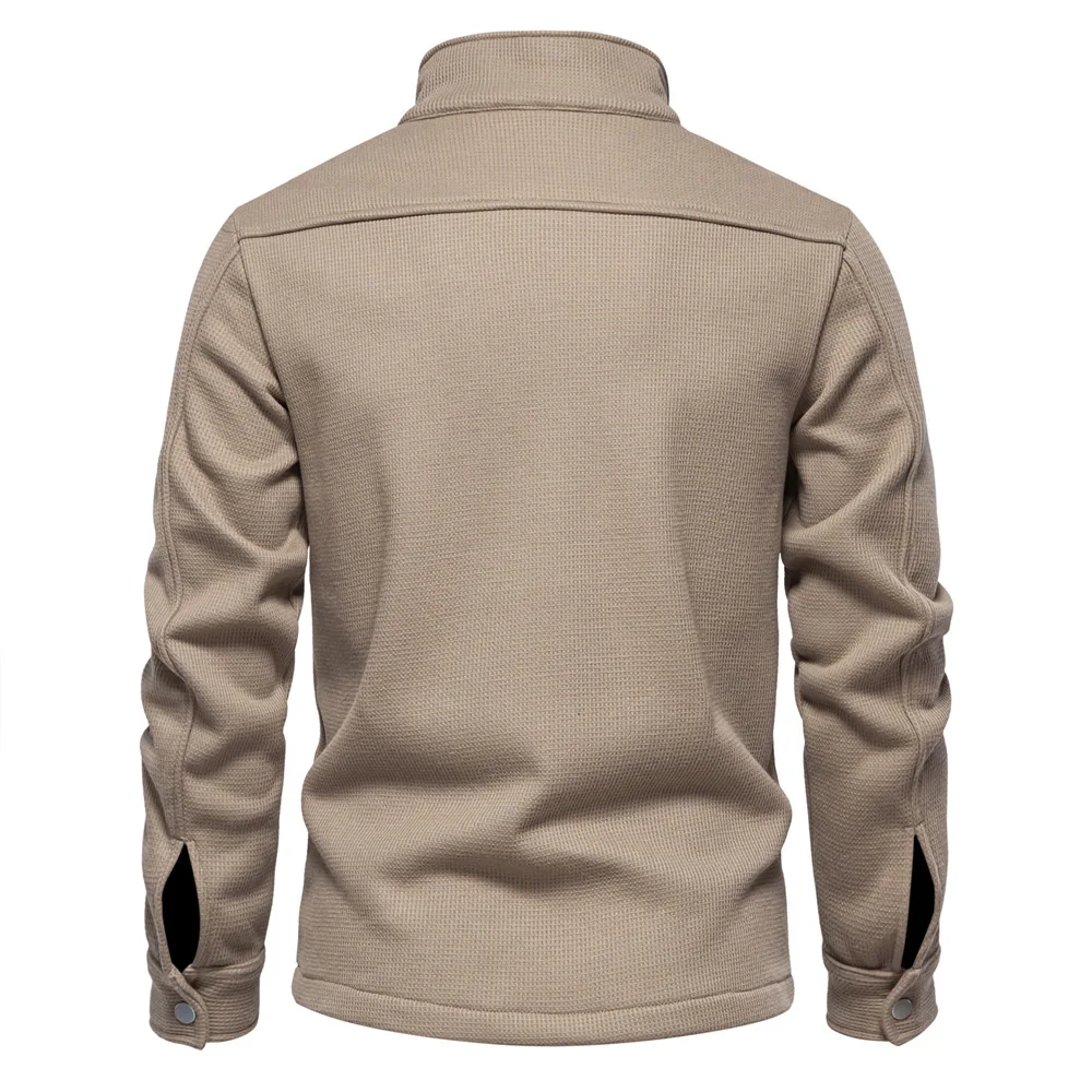 Autumn Winter Fleece Waffle Lapel Zip-Up Jacket Men's Pocket Casual Outerwear