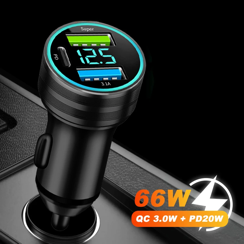 

12V Car Charger Dual USB Auto Cigarette Lighter Fast Charging Universal 66W QC3 PD Port For iphone Huawei Xiaomi OPPO