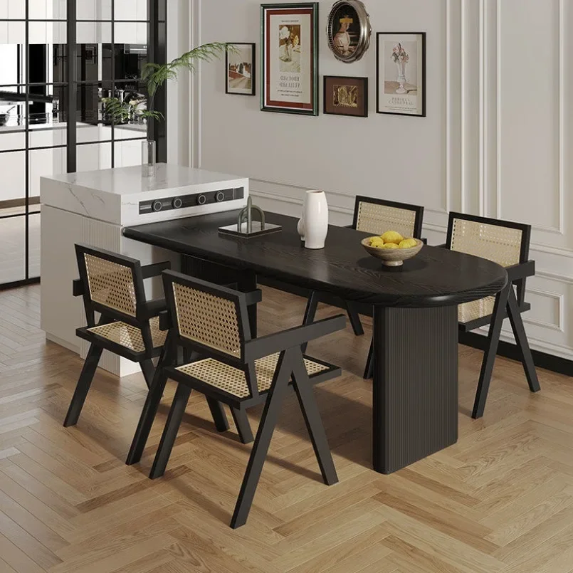 Strictly Selected Wabi Style Black Dining Table Nordic Solid Wood Semi-oval Island Integrated Against The Wall 140cm 4 Chairs