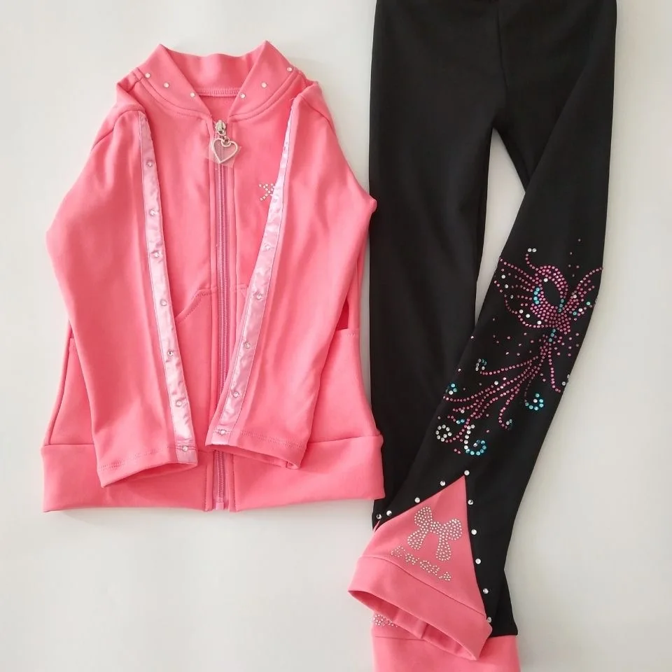 Figure skating training suit set with plush and thickened children's suit top, ice skating pants, high elasticity