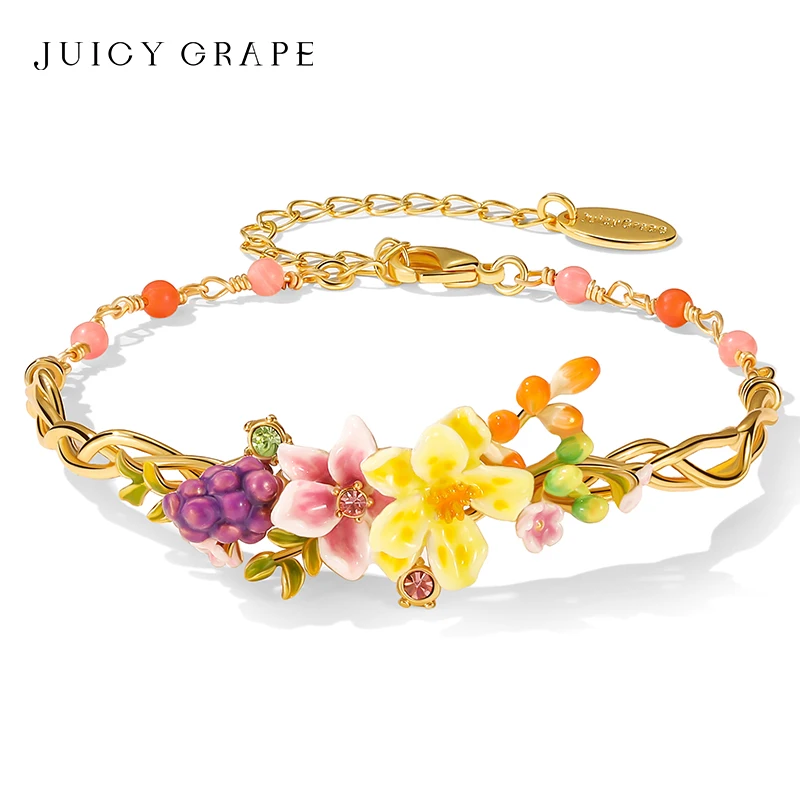 

JUICY GRAPE Luxury Enamel Flower Bracelet for Women Hand Enameled Bangle 18K Gold-Plated Birthday Valentine's Day Gift