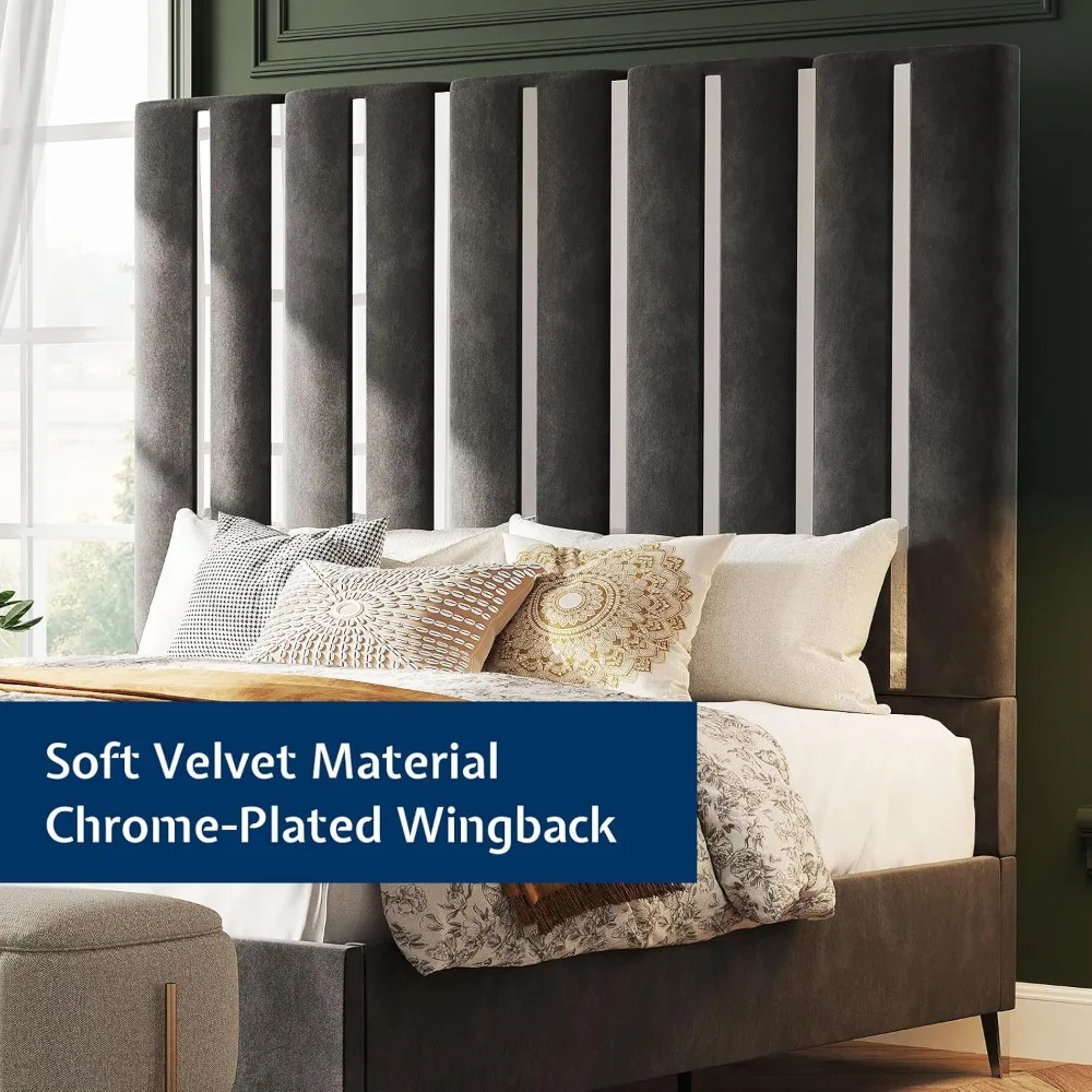 Queen Size Bed Frame with Headboard,Velvet Upholstered Bed Frame with Silver Plating Trim,Sturdy Platform Beds No Box Spring 2