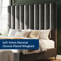 Queen Size Bed Frame with Headboard,Velvet Upholstered Bed Frame with Silver Plating Trim,Sturdy Platform Beds No Box Spring 2