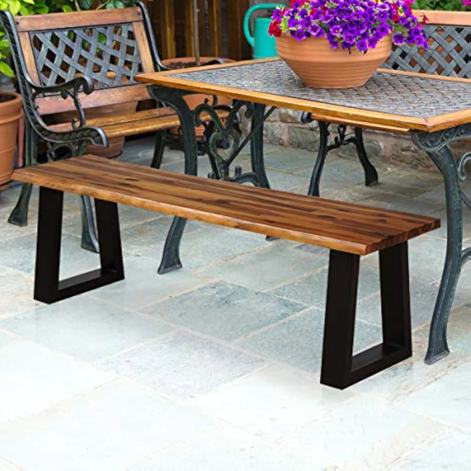 Wooden Dining Bench Seating Chair Rustic Indoor Outdoor Furniture Rustic Brown Black 3