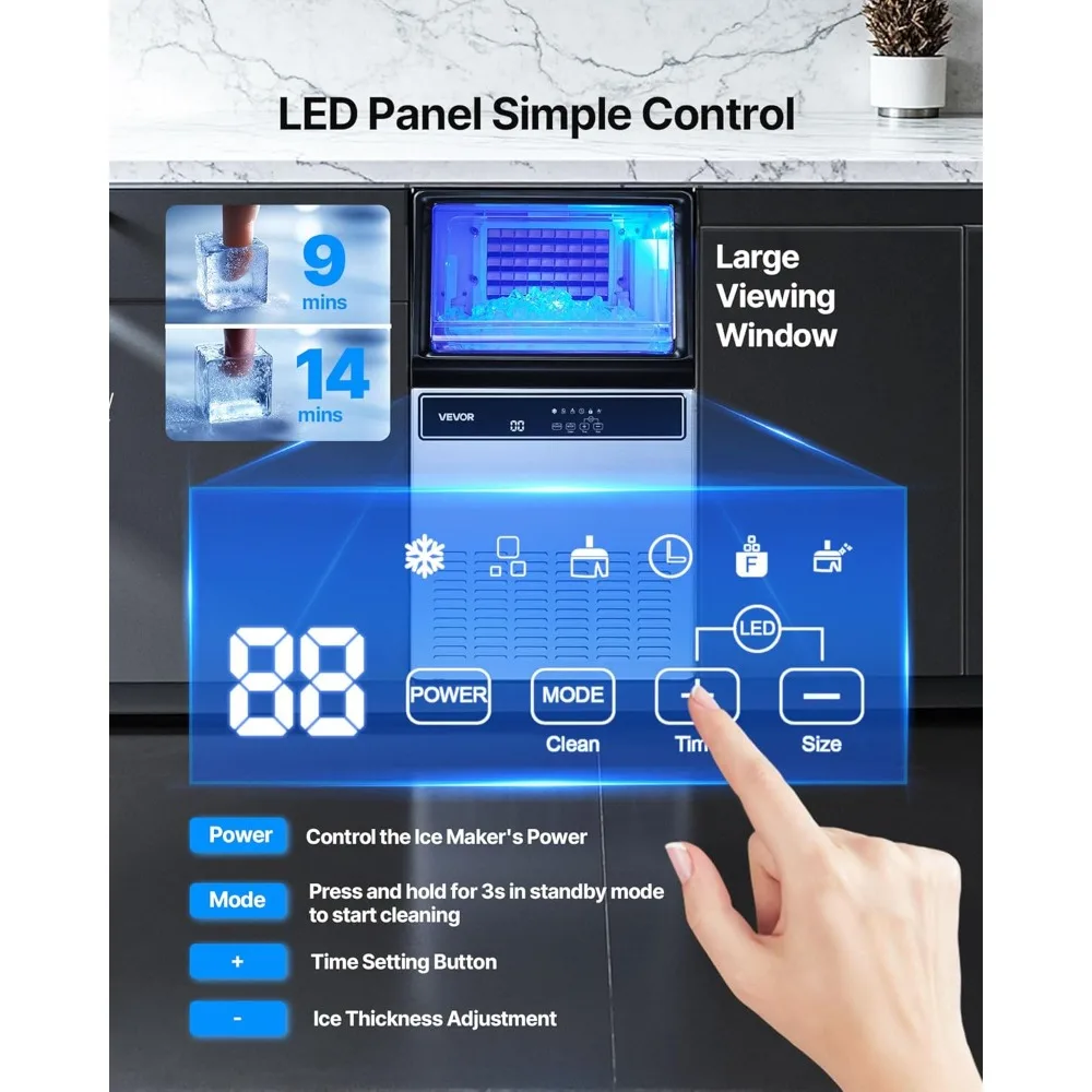 Commercial Stainless Steel Ice Maker, 130 lbs Daily, 33 lbs Bin, 45 Cubes Batch, Freestanding or Under Counter