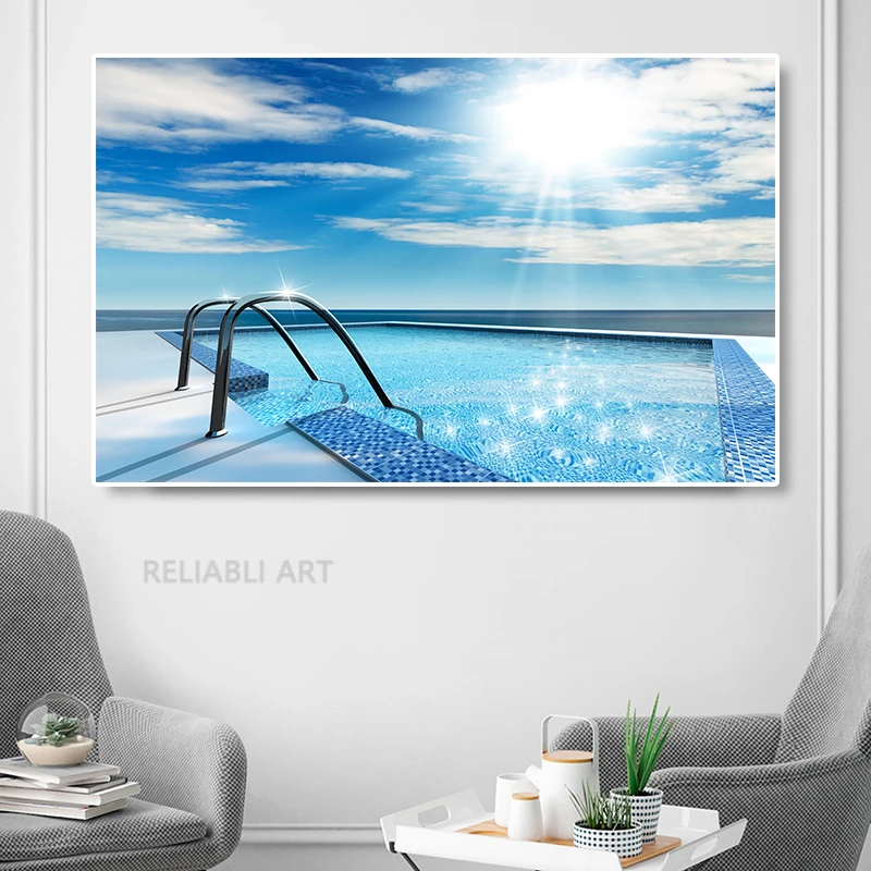 Modern Swimming Pool Sunshine Canvas Painting Wall Art Summer Sea Pool Seascape Landscape Posters for Living Room Home Decor