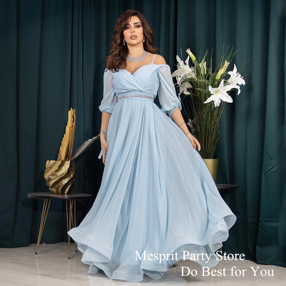 

Mesprit A Line Chiffon Evening Dress V Neck Pleat Bead Sashes Floor Length Dubai Bridesmaid Party Gown Formal Dresses