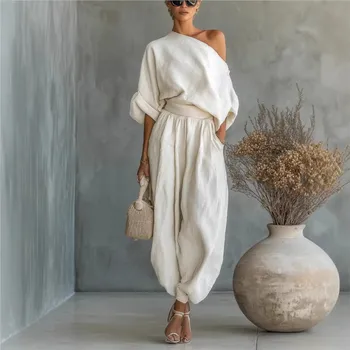 Women's Two-piece Loose Tops Bloomers 2026 Spring Arrival Slanted Shoulders Loose Wide Legs Casual Cotton Linen Solid Color Suit 1