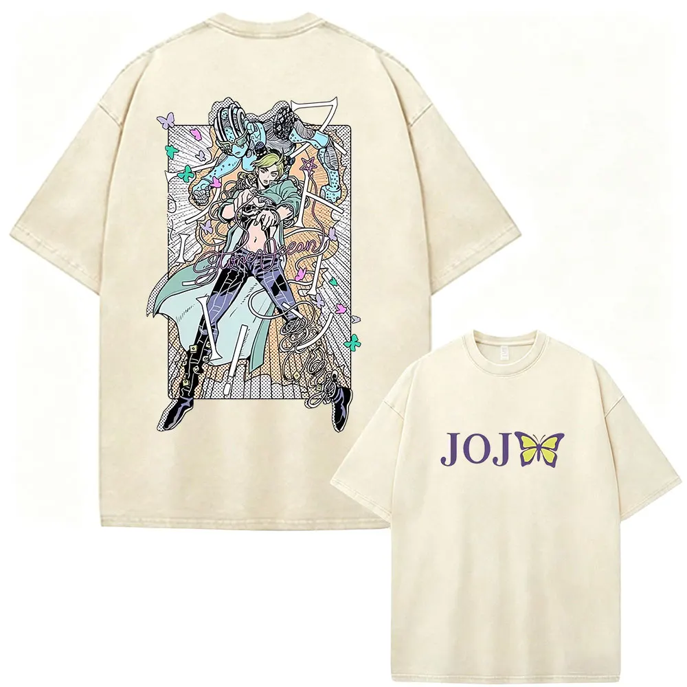 Anime JoJo Bizarre Adventure Stone Ocean Kujo Jolyne Vintage Washed T-Shirt Herren Damen Kleidung Lässige Kurzarm-T-Shirts