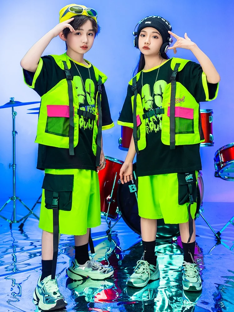 

Kids Hip Hop Clothing Summer Jazz Dance Costume Fluorescent Green Vest Shorts Performance Suit Boys Street Wear Girls BL12620