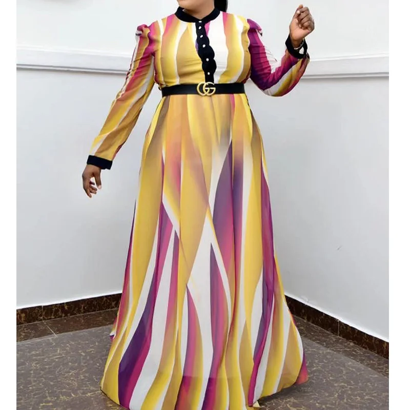 Spring Autumn Tie Dye Striped O-Neck Color Contrast Fashion Trend Sashes Long Sleeve Large Floor-Length Dresses Plus Size Female