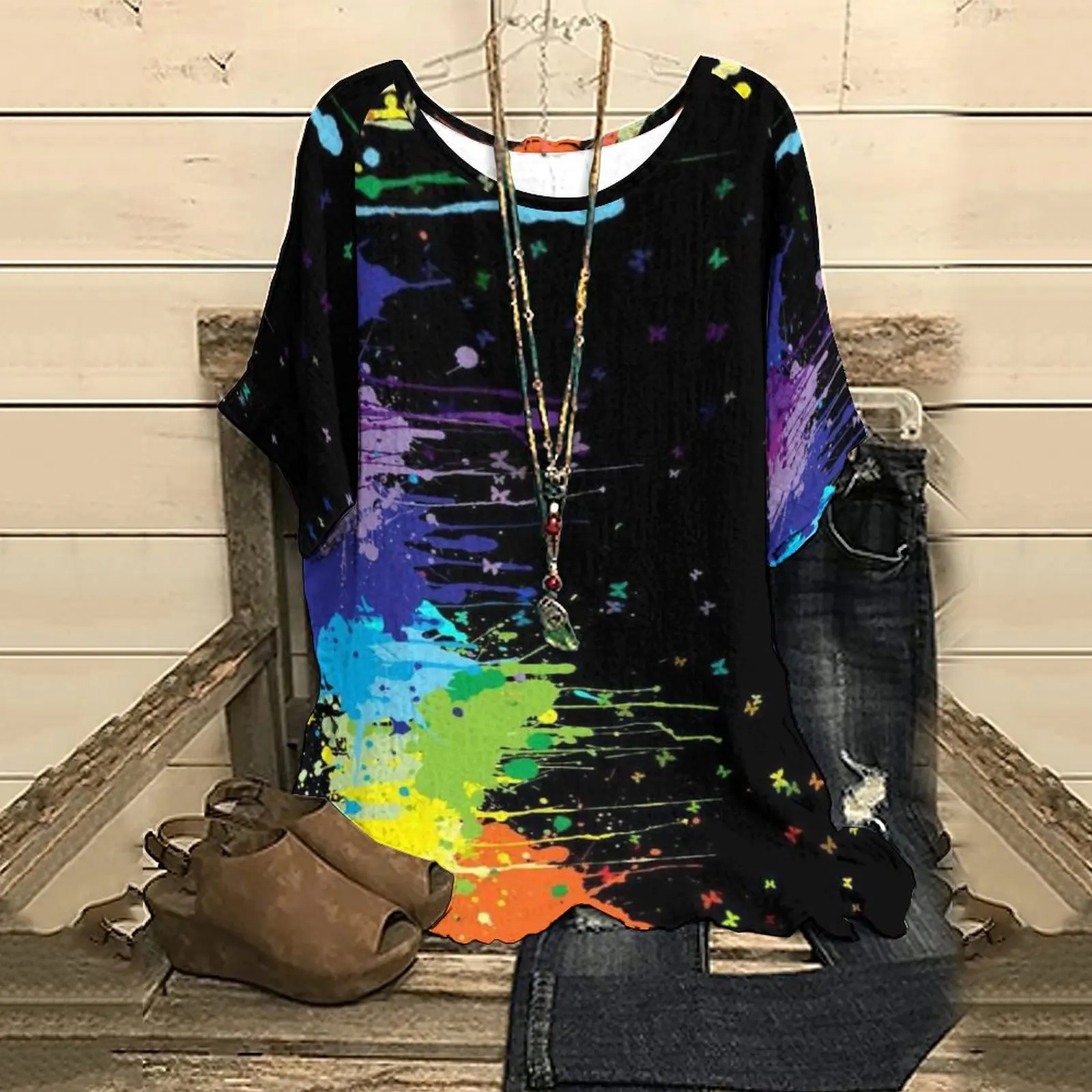 

New Summer Women's Half Sleeve Top Tee Splash Ink Tie-Dye Print T-Shirt Streetwear