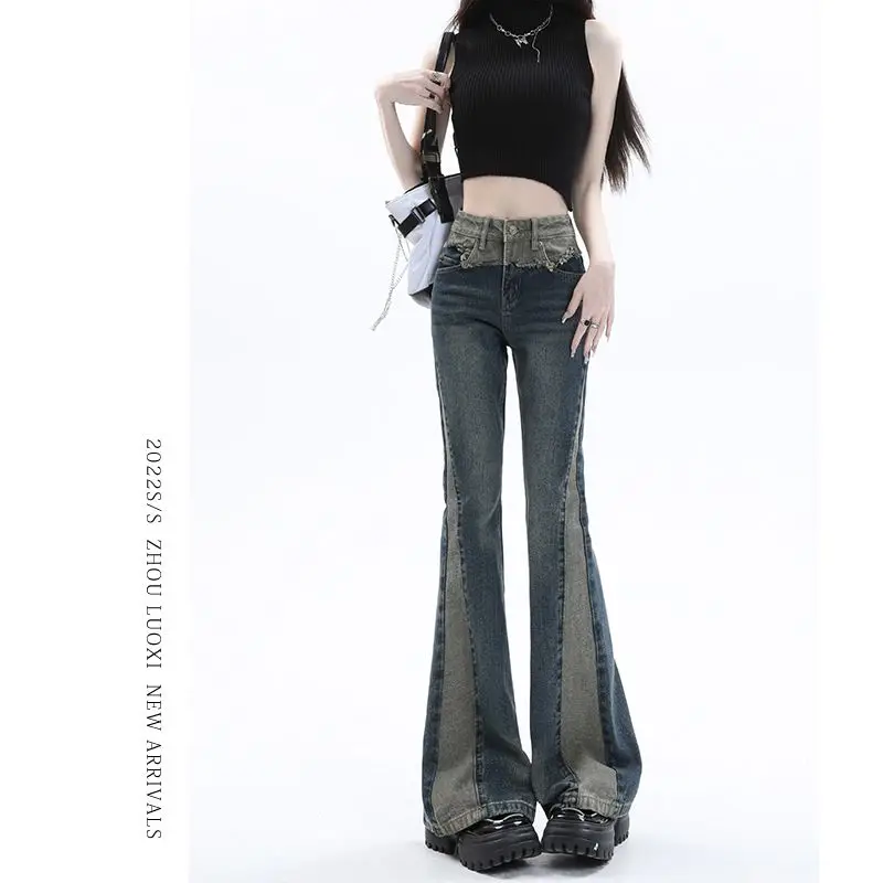 

Flared Jeans Women's Spring Autumn High-waisted Slim-fit Pants Retro Y2K Street Female Denim Trousers with Raw Edges Z65