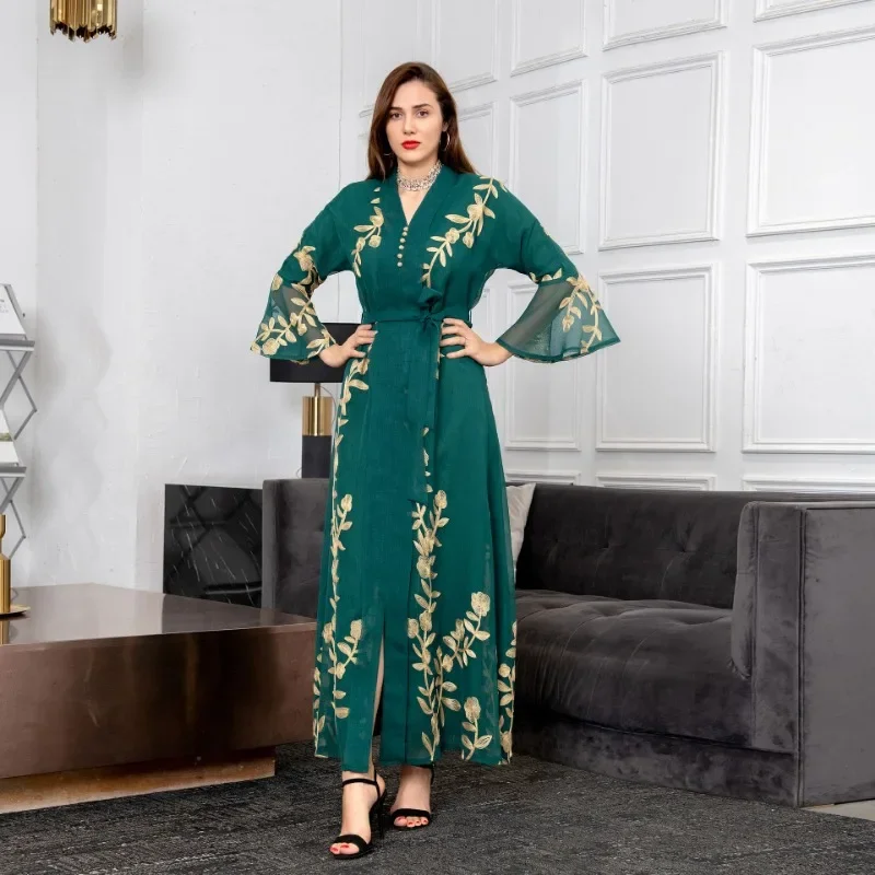Muslim Autumn and Winter Mesh Embroidered Robe European and American Women's Clothing Elegant Evening Dress Arab Dress