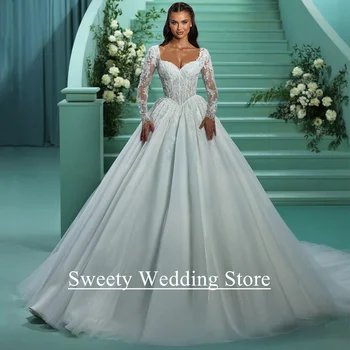 Hot Wedding Dress New Customized Long Sleeves Beading Sequined Lace Applique Sweep Train Arabian Bridal Gown for Bride