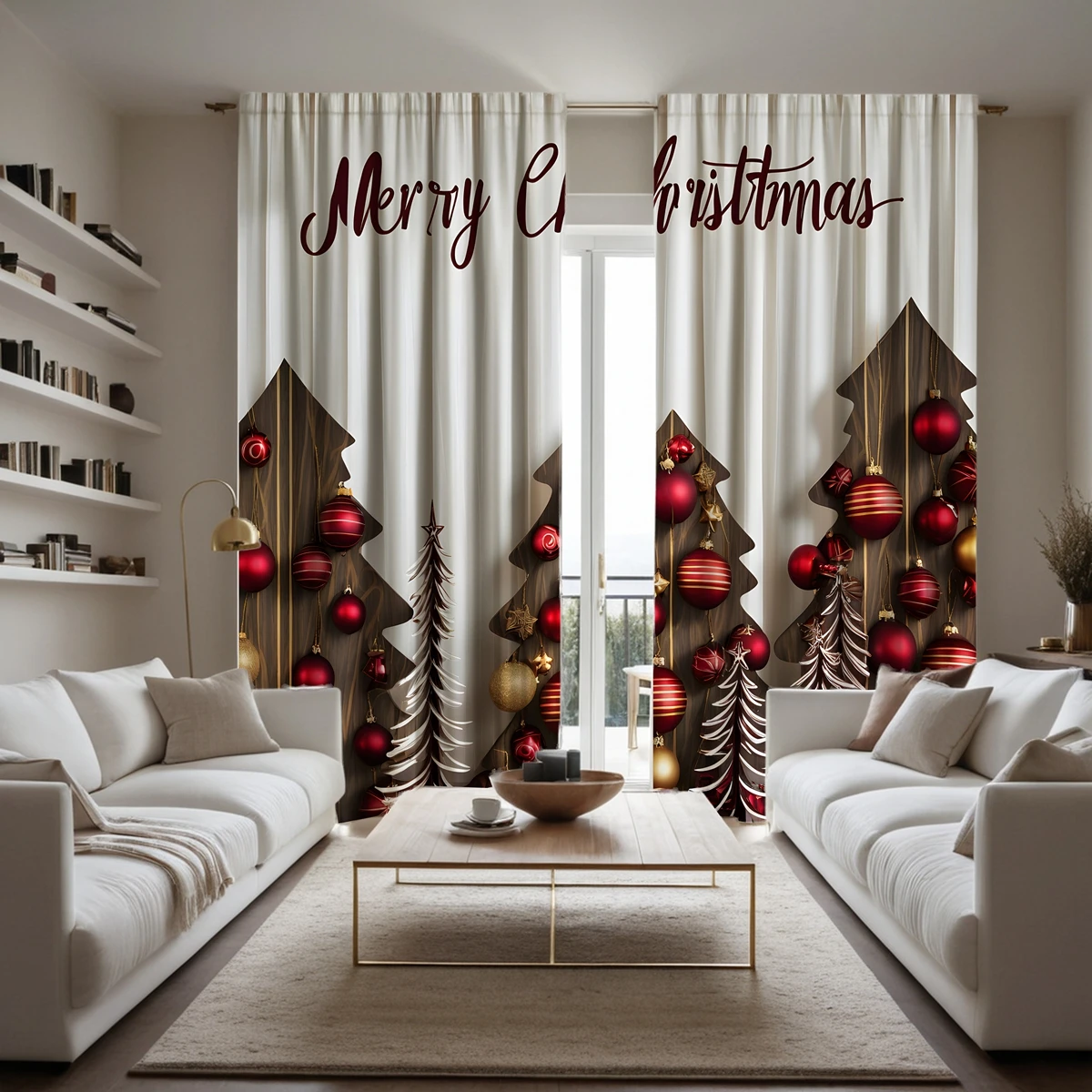 2-piece HD digital red tie Christmas ball Christmas tree curtain Home decoration style decoration living room bedroom wear rod c 3