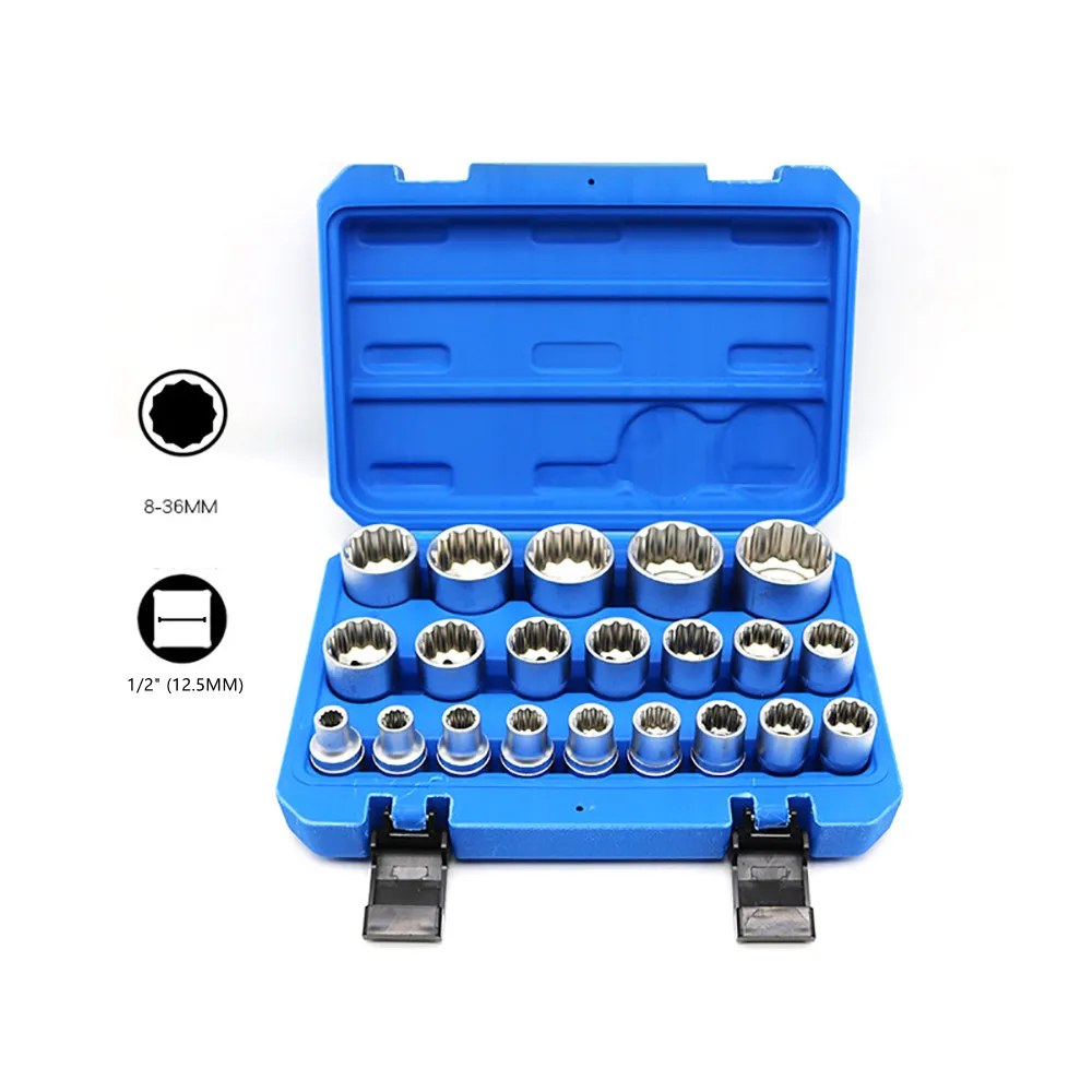 

21Pcs/Set 12 Angle Torx Sleeve Head Electric Ratchet Wrench Tools 1/2 Inch 8-36MM 12 Angle Sleeve Set