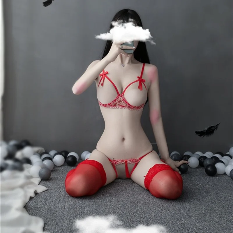 

Erotic lingerie women crotchless three-point sexy perspective red bundled panties gathered bra uniform underwear suits