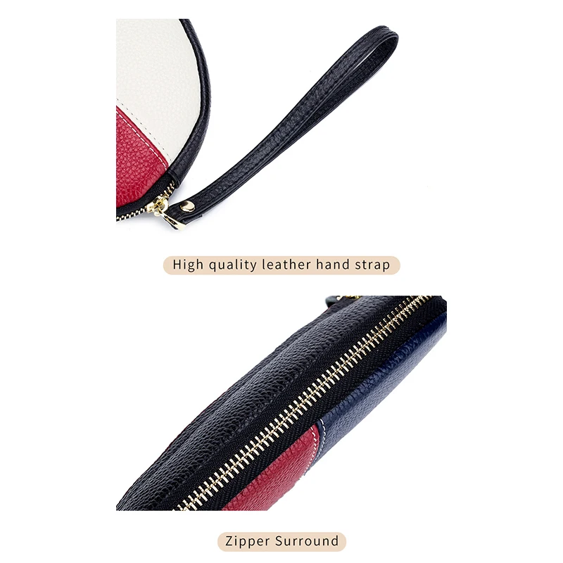 Womens Leather Clutch Collar Bag Zipper Contrast Color Cowhide Phone Clutch Wallet Women's Soft Personalized Handbag