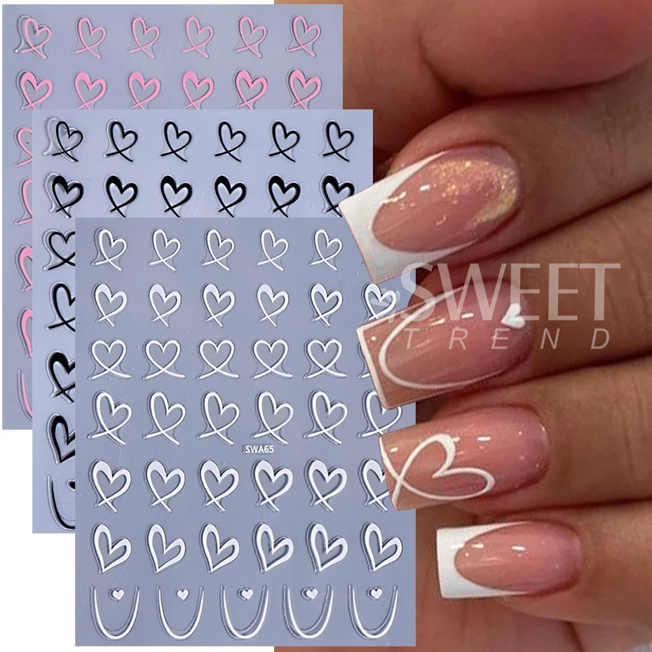 6pcs Valentine's Day Love Heart Nail Art Stickers Black White Red Peach Heart Lines Nail Decals DIY Romantic Manicure Decoration