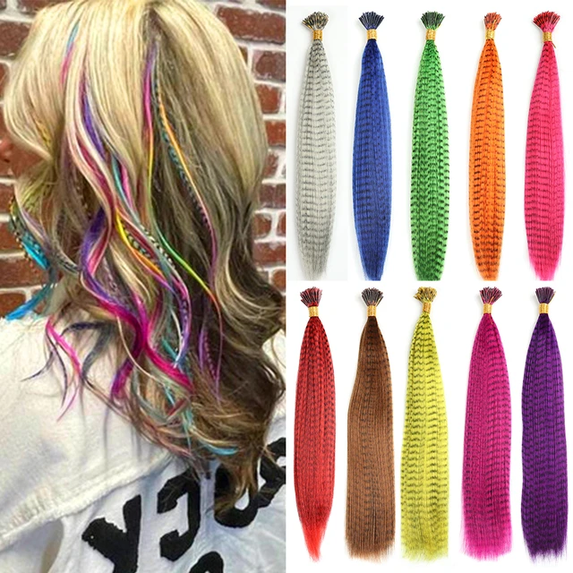 Colored Strands for Hair Feather Extension 10 Pieces I Tip Synthetic  Hairpiece Fake Hair Zebra Line Feather Hair Extensions