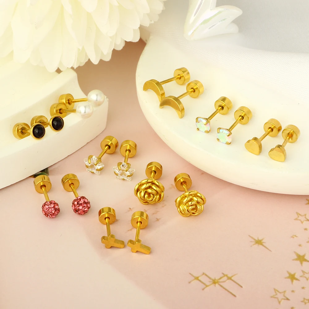 1pair Stainless Steel Golden Cartilage Earrings Stud Tragus Piercing Helix Conch Daith Ear Heart Star Butterfly for Women Men