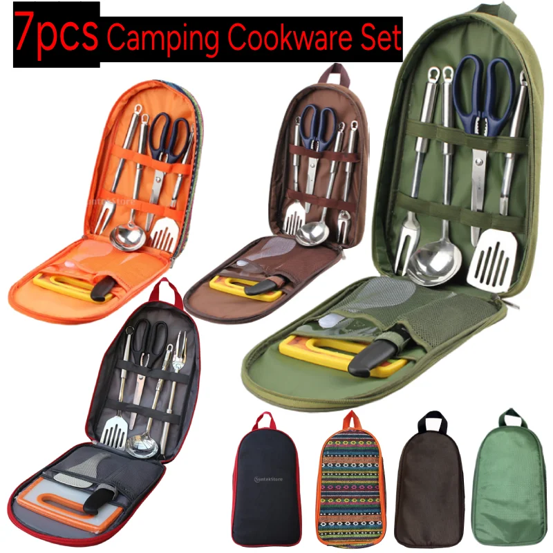 7x Camping Cooking Utensil Set Cookware Kitchen Tool with Ktchen Spatula Rice Shovel Scissors Soup Spoon Meat Fork for Hiking 1
