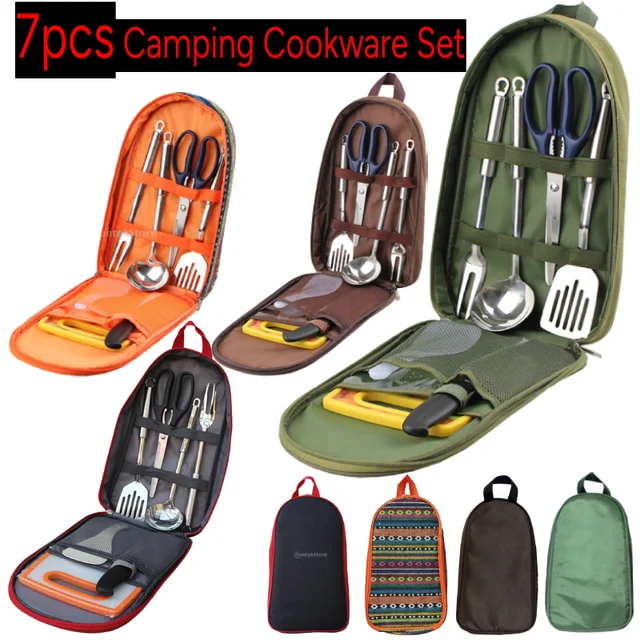 7x Camping Cooking Utensil Set Cookware Kitchen Tool with Ktchen Spatula Rice Shovel Scissors Soup Spoon Meat Fork for Hiking 1