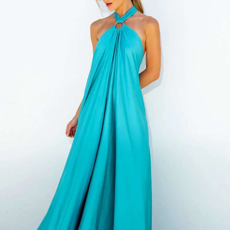 

2024Summer sexy temperament women's satin halter dress party travel dress