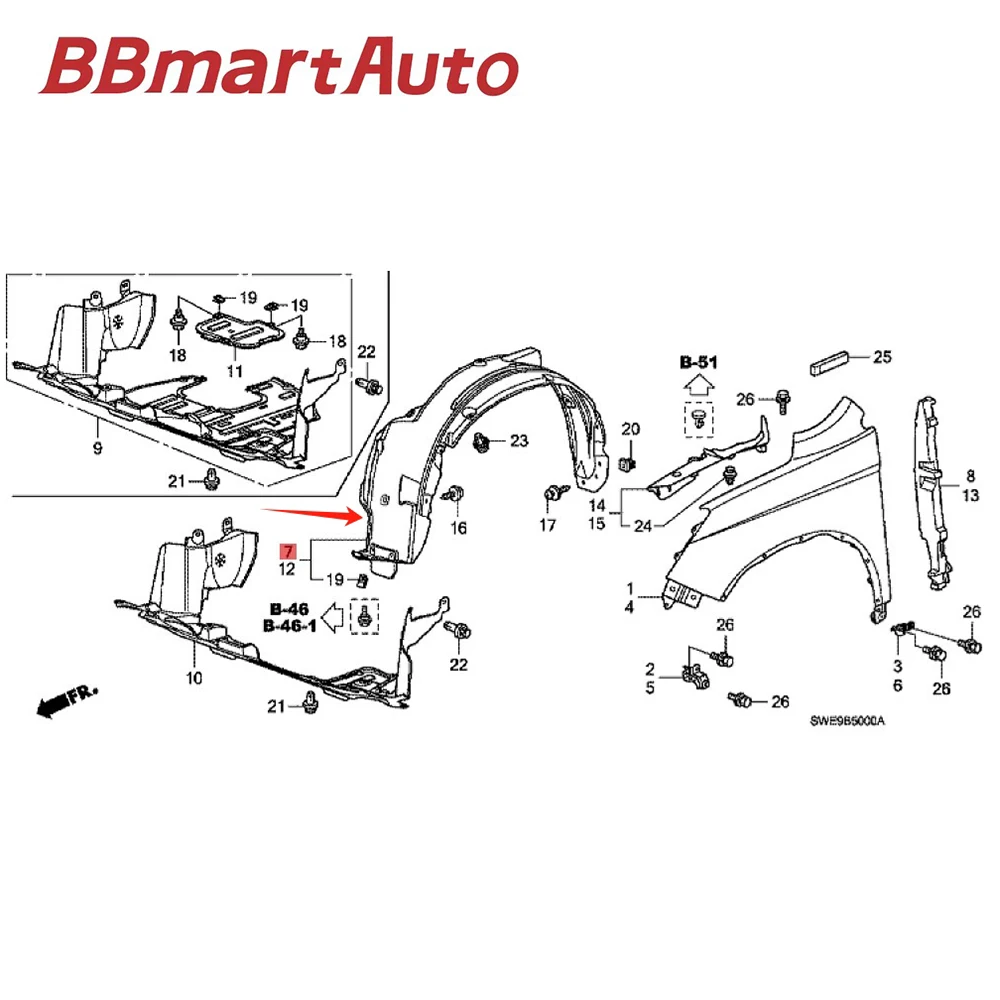 

74100-T6P-H00 BBmartAuto Parts 1pcs Fender Lined Front Wheel Mudguard R For Honda CRIDER GJ5 GJ7 2014-2015 Car Accessories