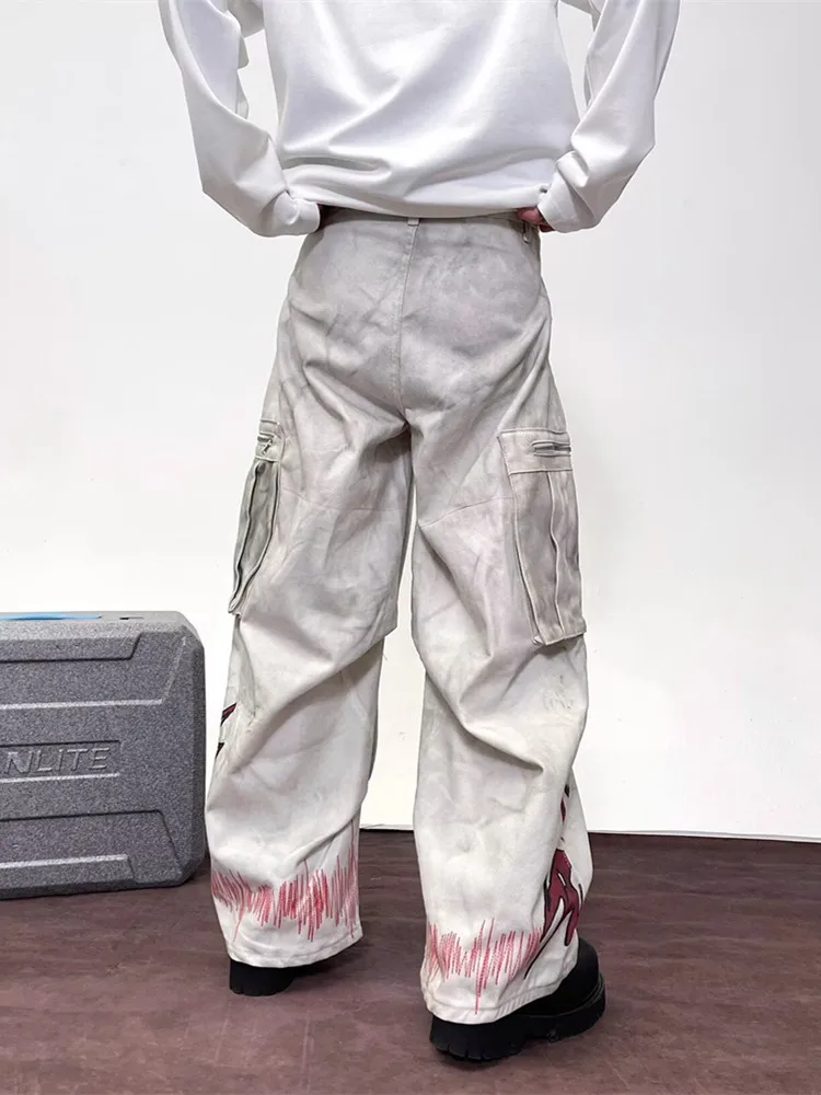 2025 Cyber Y2K Streetwear Dirty Washed White Baggy Cargo Jeans Pants For Men Clothing Wide Leg Straight Vintage Long Trousers 2