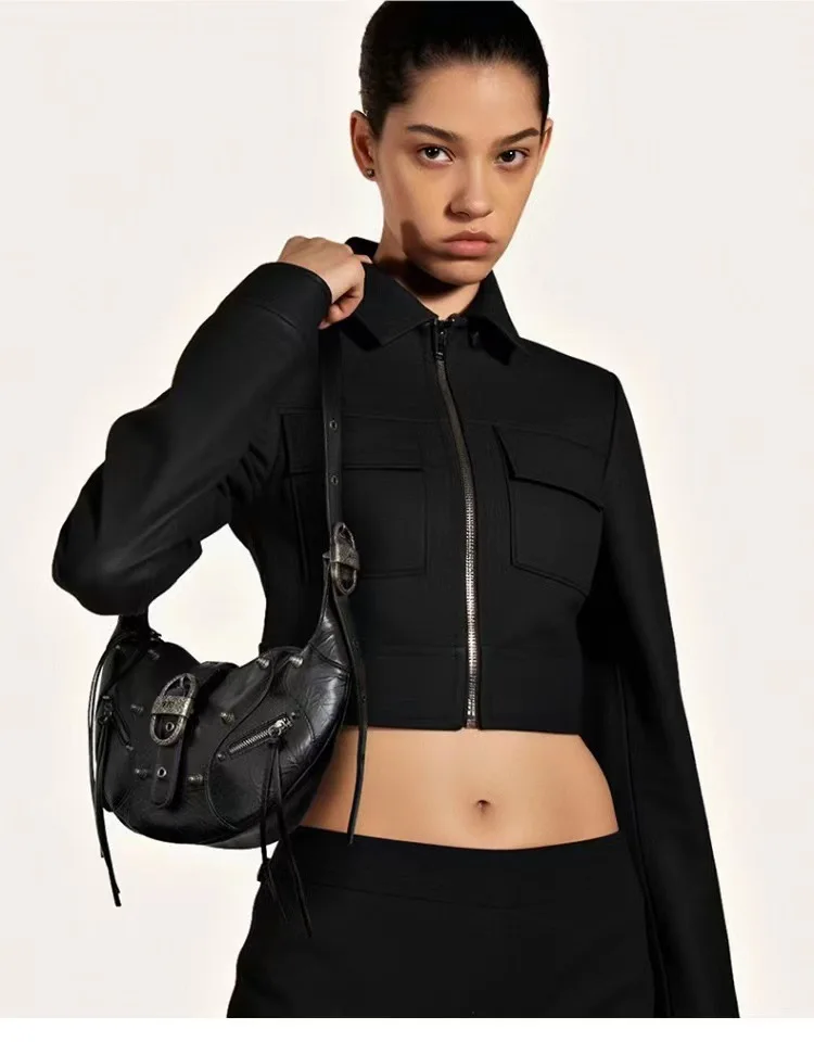 JW PEI Oil Wax Leather Horn Bag for Women's Large Capacity Motorcycle Bag, Single Shoulder Crossbody Bag, Luxury Underarm