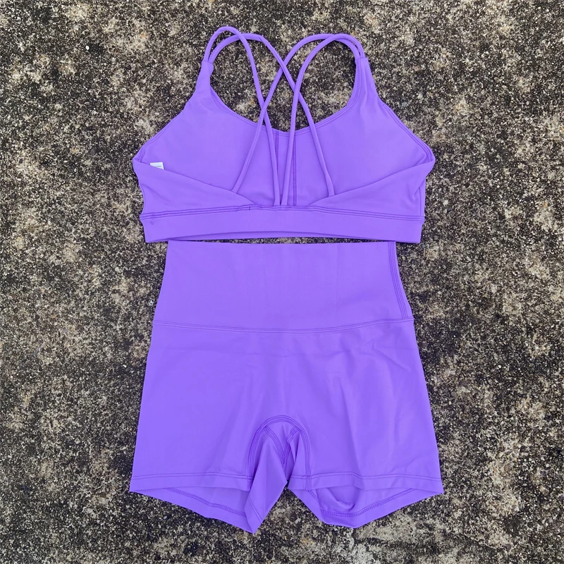 Yoga Shorts Set Gym Sports Set 2 Piece Women Workout Outfit Fitness Suit Cross Straps Bra High Waist Shorts Running Tracksuit 5