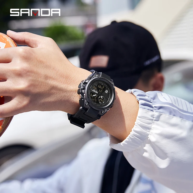 SANDA 739 Electronic Watch For Man Luxury Dual Countdown Stopwatch Waterproof Sport Digital Luminous Japanese Original Battery 6