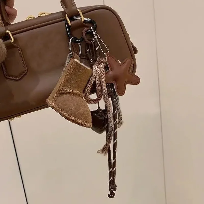 PU Leather Star Keychain Pentagram Car Keyring with Woven Acrylic Heart Snow Boots Pendant Creative Bag Charms