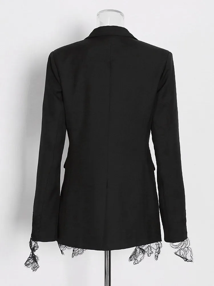 KBQ Spliced Lace Solid Elegant Blazer For Women Notched Collar Long Sleeve Patchwork Button Tunic Chic Blazers Female Clothing