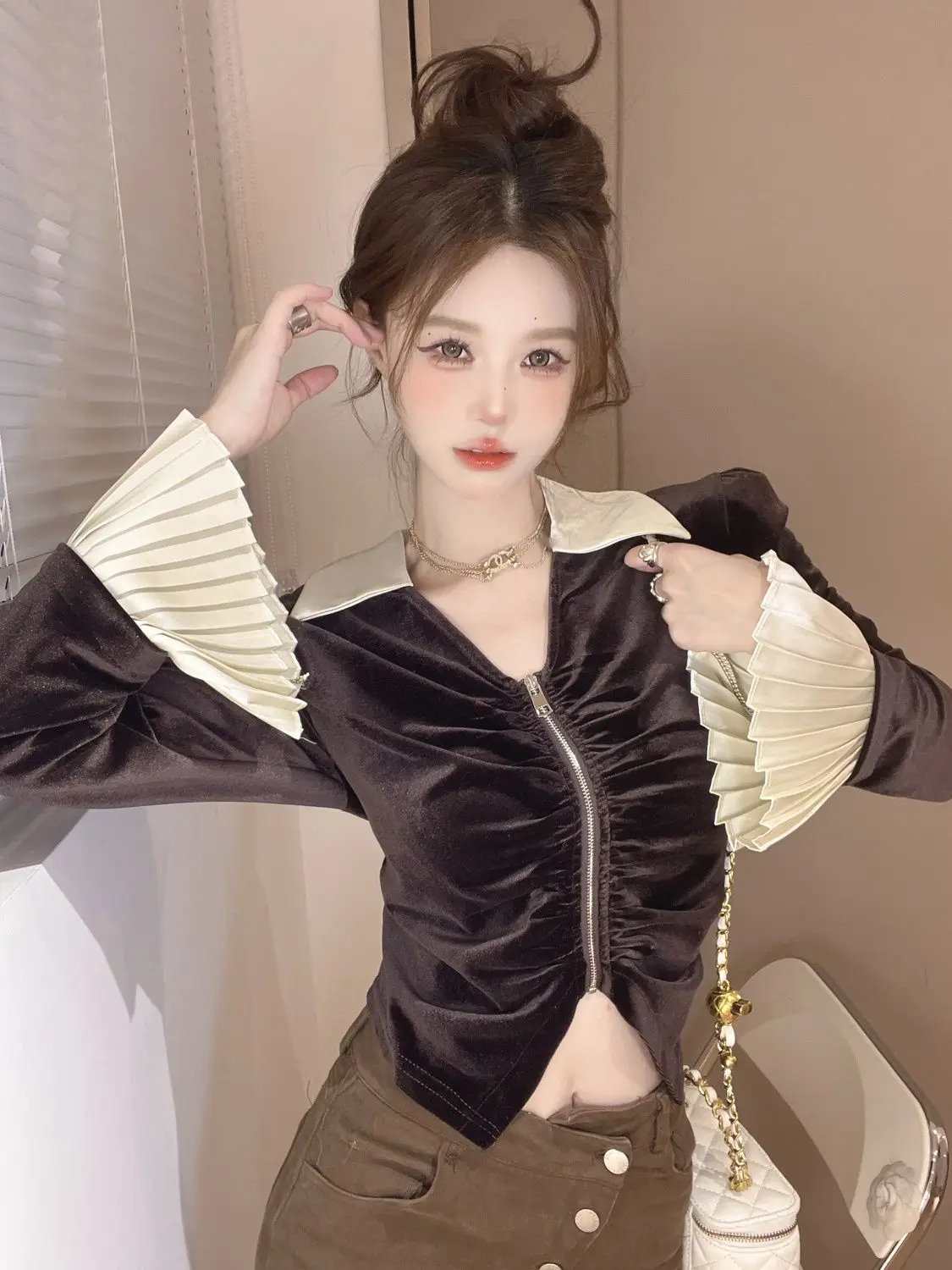 Korea Women Shirts French Style Chic Velvet Long Sleeve Irregular Slim Vintage Elegant Blouse Female Zipper Sweet Crop Tops