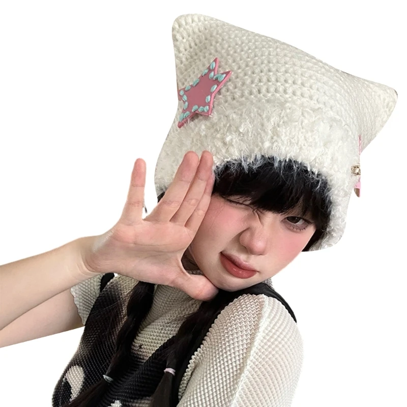 

Шапка-бини с кошачьими ушками для женщин, стиль Харадзюку, шляпа с нашивкой в ​​виде звезды и черепа, вязаная крючком шапка Y2K,