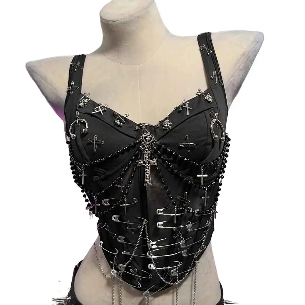 SEAUR Gothic Top voor Dames, Sexy Y2k Crop Tank Top, Punk Cami Oberteil, Club Party Grunge Streetwear, Emo Outfit, Zwart, S-L, L
