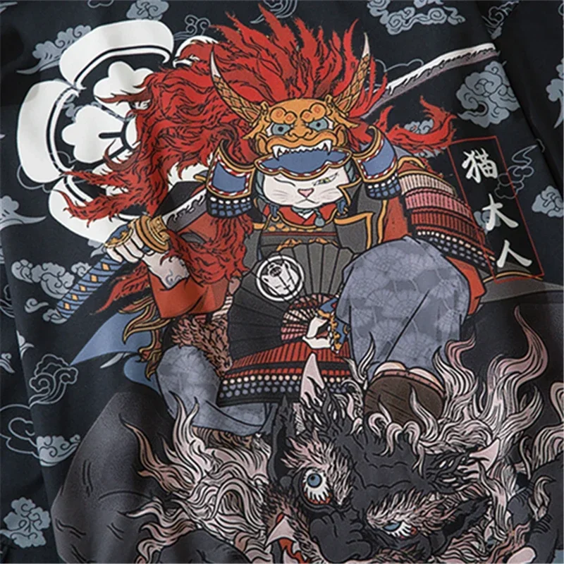 Bebovizi Japanese Style Cat Samurai Kimono Streetwear Men Women Cardigan Japan Harajuku Anime Robe Anime Clothes Summer japanese kimono japanese kimono cardigan