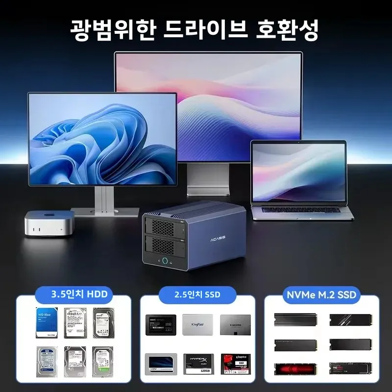 아카시스 40Gbps M.2 NVMe SSD 인클로저 & 2.5/3.5인치 SATA HDD/SSD 인클로저 76TB 용량 8K/60HZ 고온/저온 데이터 지원