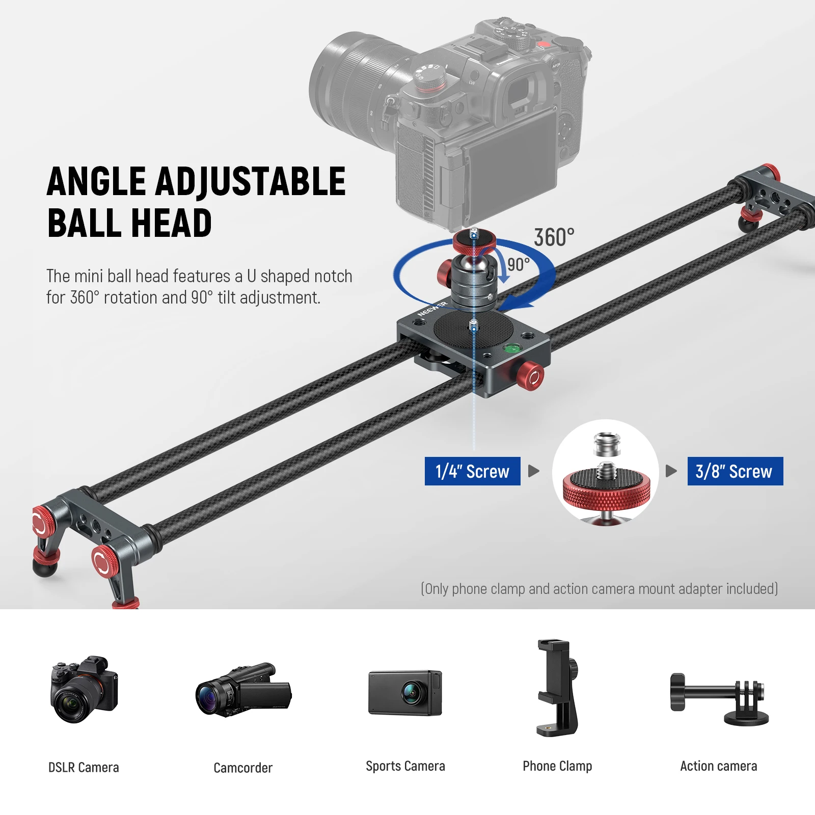 NEEWER 40cm/60cm Carbon Fiber Camera Slider with 360&deg; Ball Head/Phone Clamp/Camera Mount, Dolly Rail Track For GoPro Insta360 camera track slider