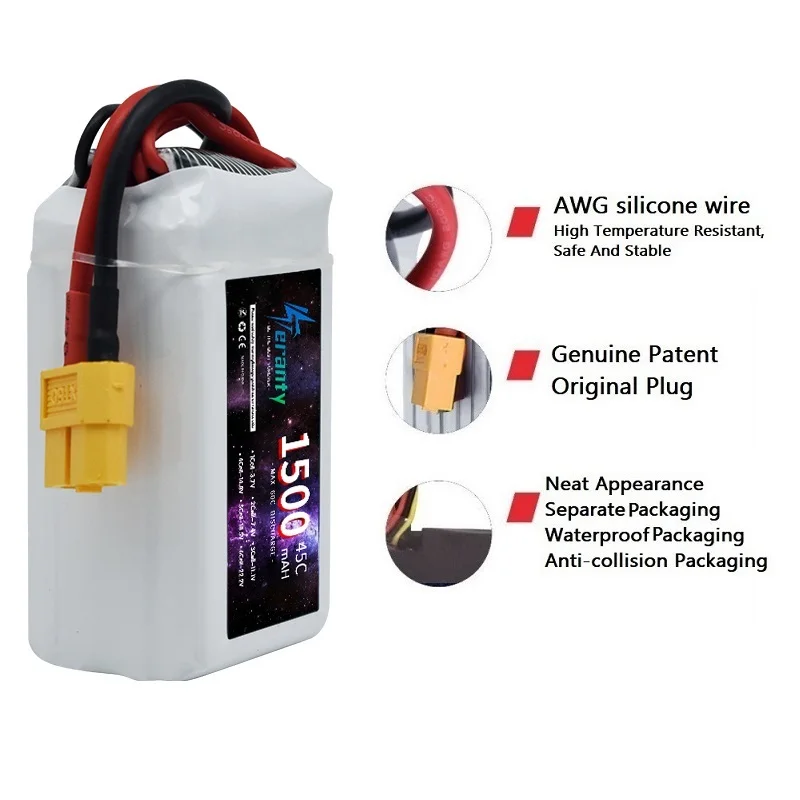 Batterie LiPo 14.8V 1500-1800mAh pour drone RC avec étiquette indiquant les spécifications techniques