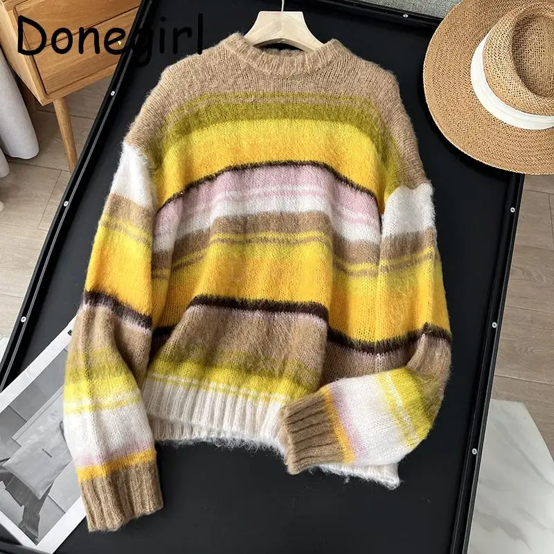 

Donegirl Women 2023 Autumn New Round Neck Comfort Warm Striped Knitted Sweater Simple Commute Loose Pullovers Female Jumper Chic